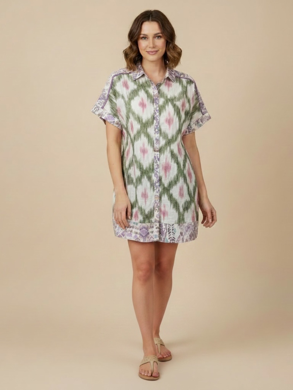 Umgee Ethnic Print Short Sleeve Mini Shirt Dress i